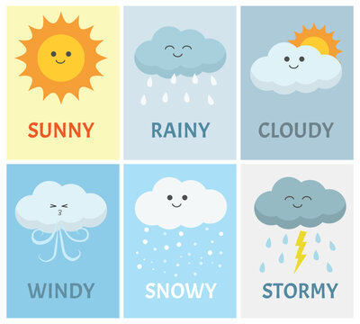 Weather climate vocabulary with cute cartoon characters for kids