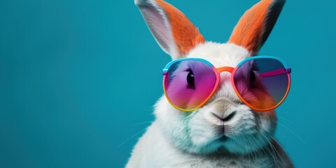 Plakat Cool bunny with sunglasses on colorful background.