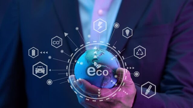 Businessman showing planet earth global with virtual ECO icon. Net zero greenhouse gas emissions target. Climate neutral long term strategy. Ecological, renewable energy and save environment concept.