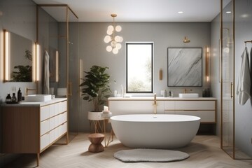 Naklejka na ściany i meble A serene Mid-Century Modern Bathroom with a mix of brushed metals and frosted glass accents, creating a spa-like feel, generative ai