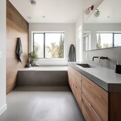 Naklejka na ściany i meble A modern Minimalist Bathroom with Concrete counters and Stainless Steel hardware, generative ai