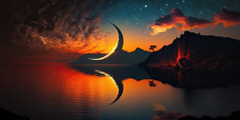 Crescent moon against a breathtaking sunset. Generative AI