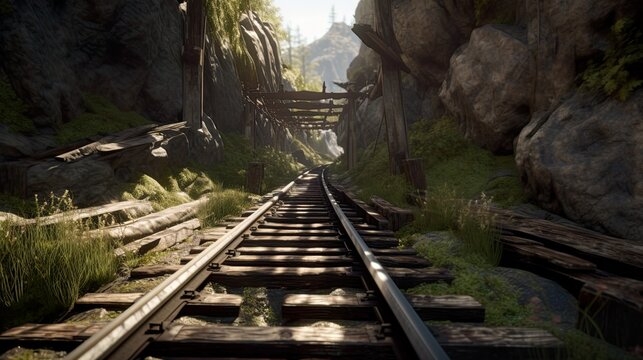 Old abandoned rail tunnel, AI generative industrial object, landscape with grenery