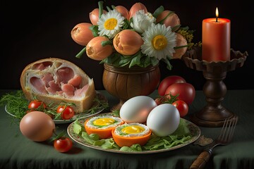 Fototapeta na wymiar Easter menu ham, eggs, and tomatoes. Generative AI