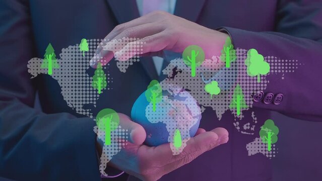 Businessman showing planet earth global with virtual tree icons. Net zero greenhouse gas emissions target. Climate neutral long term strategy. Ecological, renewable energy and save environment concept