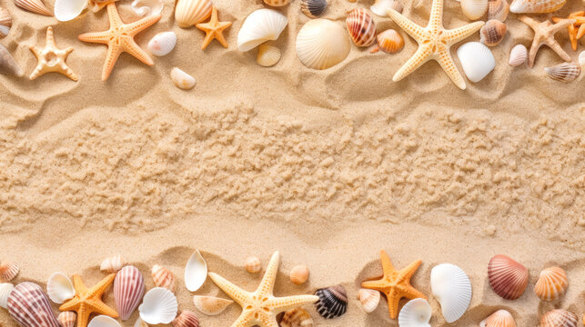 frame of seashells on the beach ,Generative ai