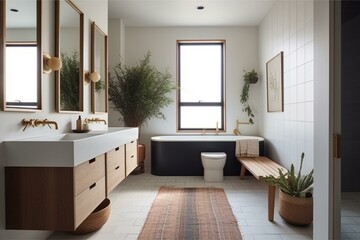 Fototapeta na wymiar A Serene, Zen-inspired Bathroom with understated navy stripes, natural wood accents, and minimalist fixtures in warm brass, generative ai