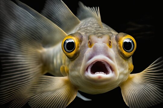 a fish in a tank with a wide open mouth and large eyes, Frontal image of a surprised, shocked, or amazed face. Generative AI