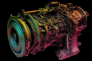 a mechanical engineering image showing the design of an engine, FEM drawing, in the style of thermal camera, fragmented designs, calculated ai