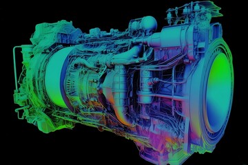 a mechanical engineering image showing the design of an engine turbine, FEM drawing, in the style of thermal camera, fragmented design, calculated ai