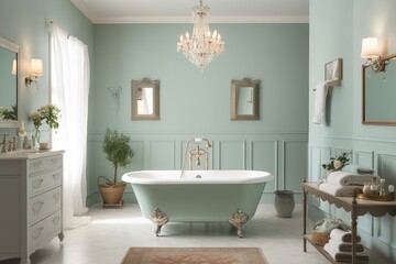 Naklejka na ściany i meble A Soothing Oasis. Soft pastel walls paired with dainty lace accents create a tranquil space while vintage fixtures add character, generative ai