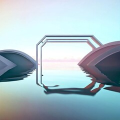 3d render, abstract zen seascape background. Nordic surreal scenery with geometric mirror arches, calm water and pastel gradient sky. Futuristic minimalist wallpaper digital art