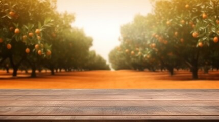 Empty wood table with free space over orange trees, orange field background. For product display montage. Generative AI.