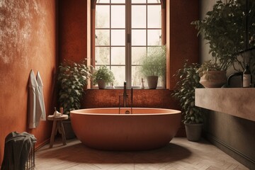 Fototapeta na wymiar A stylish Tuscan-style bathroom with terracotta and stone textures, featuring a modern freestanding tub and sleek fixtures for a contemporary look, generative ai