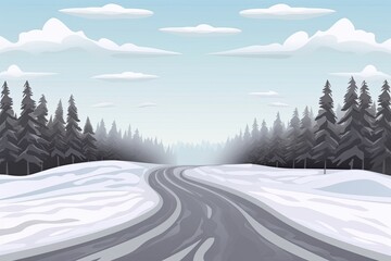 Fototapeta premium scenic winter road surrounded by snow-covered trees and clouds in the background. Generative AI
