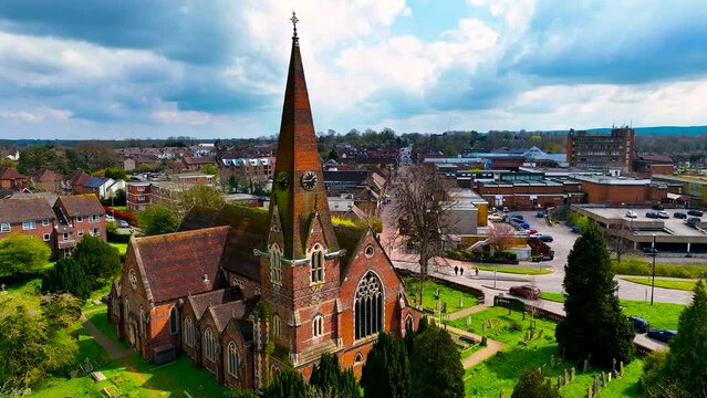Aerial view of St John the Evangelist's Church at classic english countryside town of Burgess Hill at West Sussex