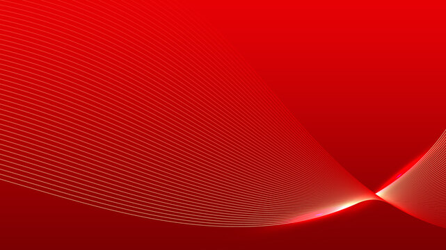 Abstract concept lines wave dynamic particle pattern on red background.