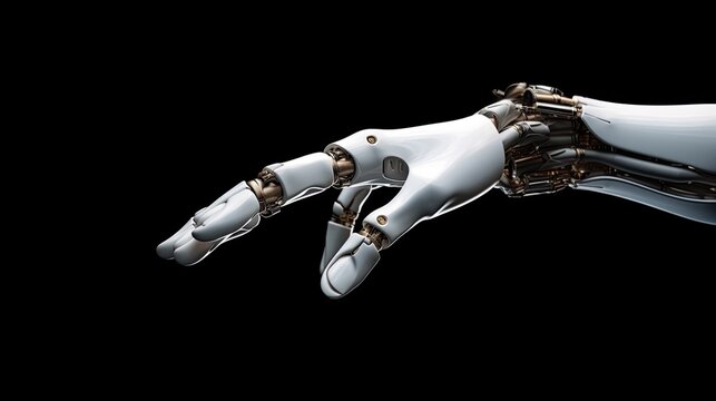 Robotic hand on a dark background. Generative AI.