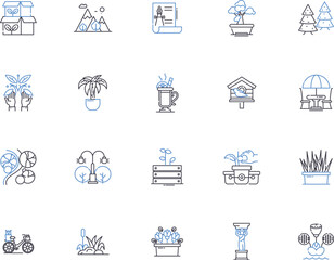 Garden outline icons collection. Plants, Trees, Flowers, Lawn, Soil, Hedges, Vegetables vector and illustration concept set. Shrubs, Mulch, Watering linear signs