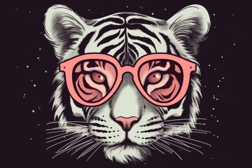 adorably drawn tiger with glasses and a pink ribbon. Generative AI