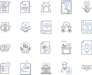 Law outline icons collection. Lawyer, Attorney, Judgement, Regulations, Punishment, Litigation, Contract vector and illustration concept set. Appeal, Dispute, Rights linear signs