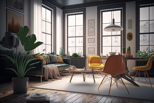 Shot of a Bright Cozy Modern Apartment with Big Windows, Decorations and Stylish Furniture. Generative AI