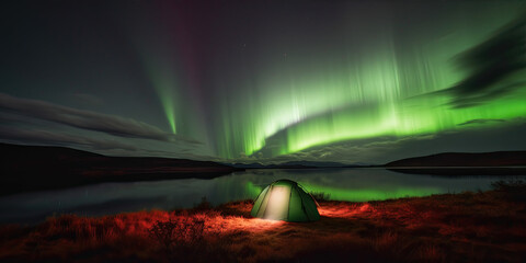 tent camping in the wilderness with the aurora borealis in the night sky 