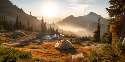 Summer tent camping in  the Pacific Northwest Mountains Early morning sunrise 