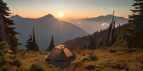 Summer tent camping in  the Pacific Northwest Mountains Early morning sunrise 