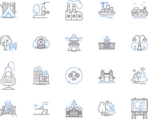 Landscapes and parks outline icons collection. Landscapes, Parks, Greenery, Trails, Nature, Trees, Outdoors vector and illustration concept set. Scenic, Vistas, Fields linear signs
