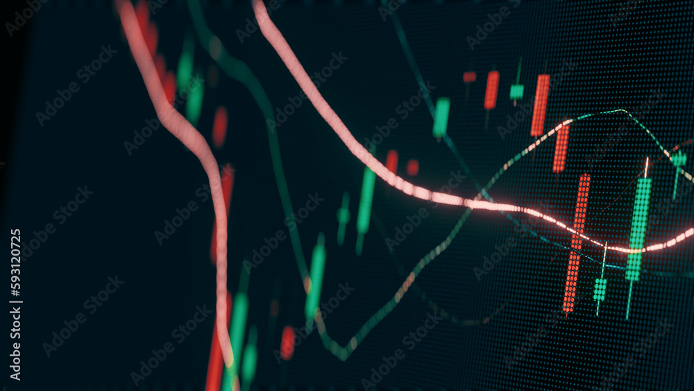 Poster 3d rendering of candlestick graph chart of stock with moving average indicator. for trading, investm