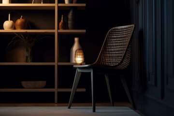 Chair with lamp and vases on shelf close up in dark brown interior, 3d render. Generative AI