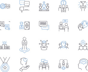 Coaching and business outline icons collection. Coaching, Business, Consulting, Training, Mentorship, Leadership, Strategy vector and illustration concept set. Management, Teach, Facilitate linear