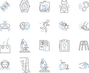 Health and medical services outline icons collection. Medical, Healthcare, Services, Treatment, Diagnosis, Prevention, Rehabilitation vector and illustration concept set. Clinics, Hospitals, Nurses
