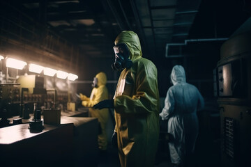 Fototapeta na wymiar Alarming situation with nuclear reactor or hazardous chemical production. Concerned people in yellow heavy full protective suits. People AI generative image