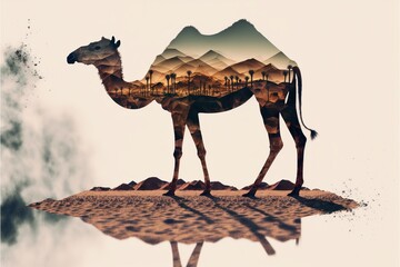 Camel abstract artwork in double exposure of sahara desert, animal art with sand landscape as dromedary with nature background concept. Superb Generative AI. - obrazy, fototapety, plakaty