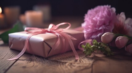 Fototapeta na wymiar Pink Gift Wrapped in Ribbons for Special Occasions. Mothers Day. Valentines Day.