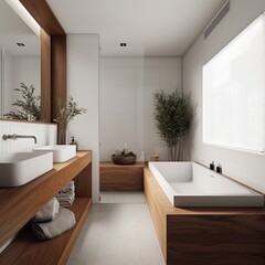 Naklejka na ściany i meble A minimalist Bathroom with a simple yet sophisticated ceramic tub, warm wood accents, and a crisp white color scheme, generative ai