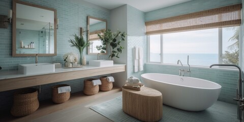Naklejka na ściany i meble A serene Coastal Bathroom featuring a full Wicker wall covering, and Deck-Mounted tub fixtures, generative ai