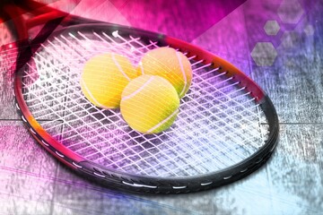 Sport tennis racket with ball on colors background.