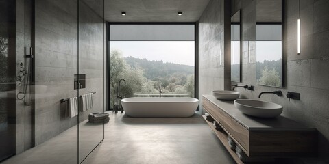 Fototapeta na wymiar A serene Minimalist Bathroom with Concrete tiles and Matte Metal towel racks, generative ai