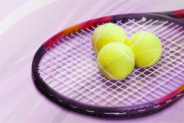 Sport tennis racket with ball on colors background.