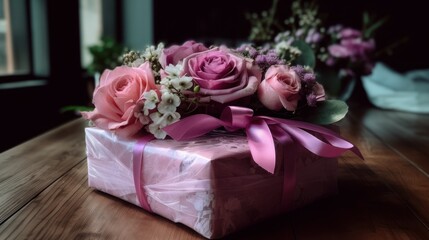 Pink Gift Wrapped in Ribbons for Special Occasions. Mothers Day. Valentines Day.