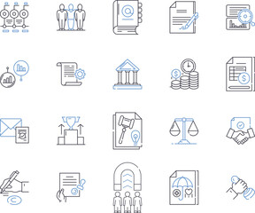 Legal services outline icons collection. Lawyer, Attorney, Barrister, Litigation, Court, Solicitors, Representation vector and illustration concept set. Advocacy, Prosecution, Pleadings linear signs
