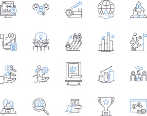 Work efficiency outline icons collection. Productivity, Effectiveness, Proficiency, Quickness, Speed, Dynamism, Skillfulness vector and illustration concept set. Preciseness, Competence, Systematic