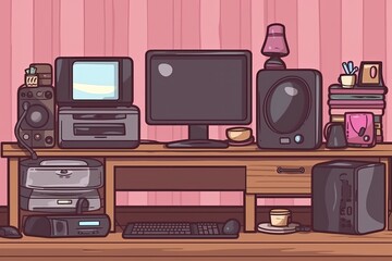 cluttered computer desk with multiple electronic devices and accessories. Generative AI