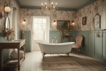 Naklejka na ściany i meble A vintage-inspired bathroom with a soft and soothing color palette and floral wallpaper, featuring a freestanding bathtub, distressed wood accents and delicate lighting fixtures, generative ai