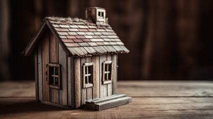 Miniature house over a wooden background Generative AI