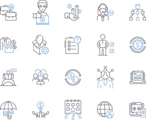 Social innovation outline icons collection. Social, Innovation, Entrepreneurship, Community, Change, Technology, Problem vector and illustration concept set. Solution, Impact, Society linear signs