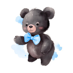 blue bow teddy bear watercolor illustration transparent cute children's book art